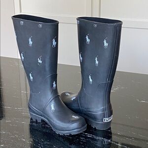 Polo Ralph Lauren Kids Black/White Logo Rain Boots SZ 1 NEW!!